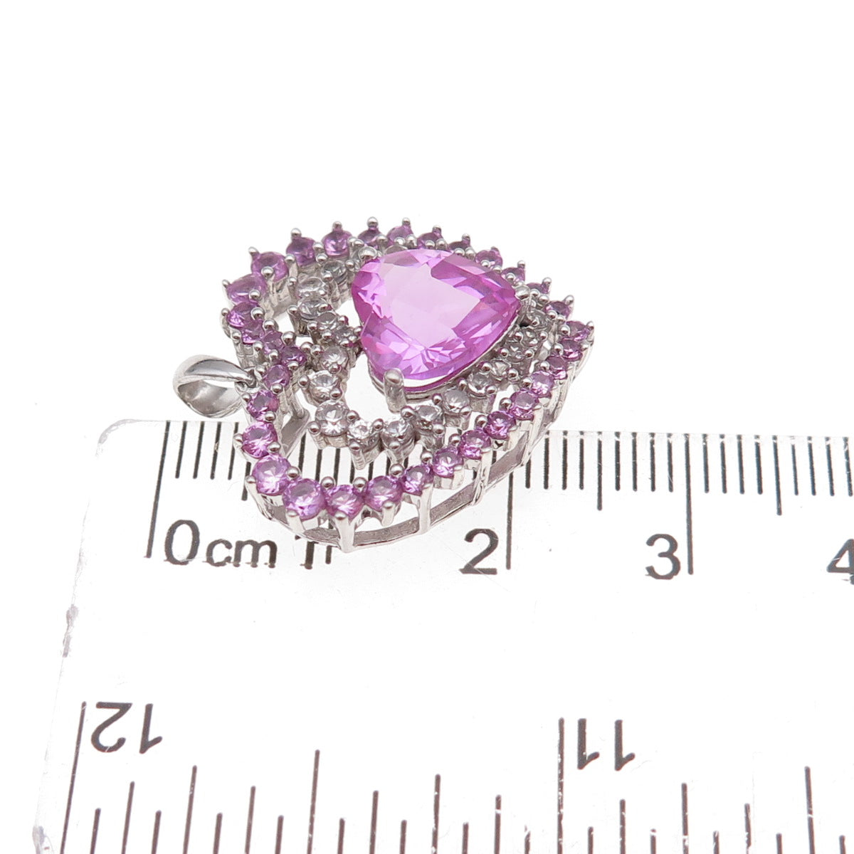 925 Sterling Silver Real Pink & White Topaz Heart Charm Pendant