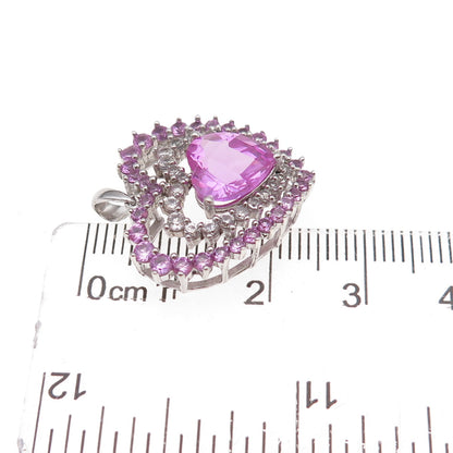 925 Sterling Silver Real Pink & White Topaz Heart Charm Pendant