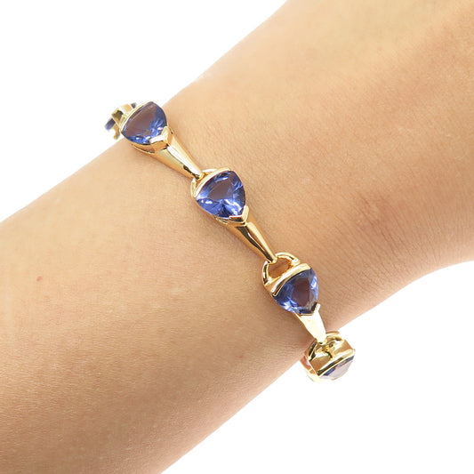 925 Sterling Silver Gold Plated Real Iolite Gemstone Modernist Bracelet 7"