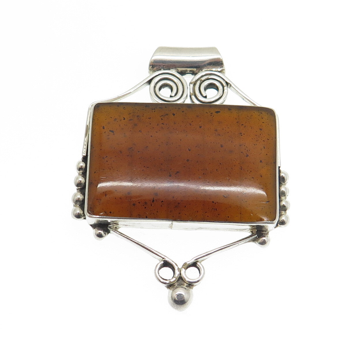 925 Sterling Silver Vintage Mexico Real Amber Modernist Spiral Slide Pendant