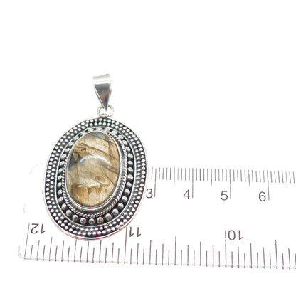 925 Sterling Silver Vintage Real Labradorite Beaded Oxidized Charm Pendant