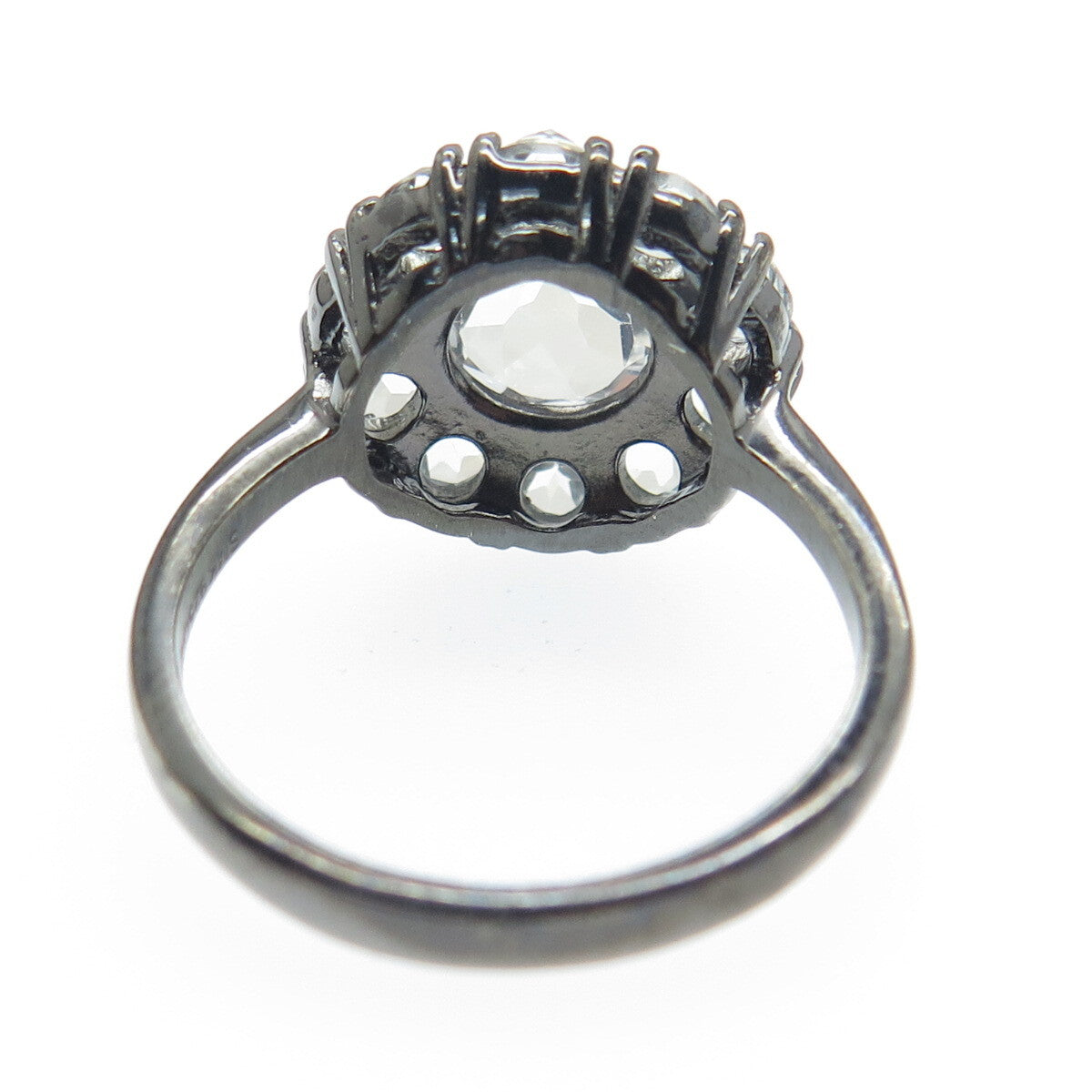 925 Sterling Silver Black Rhodium Real White Topaz Gem Cluster Ring Size 7.25