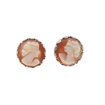 925 Sterling Silver Antique Art Deco Real MOP Carved Lady Cameo Stud Earrings