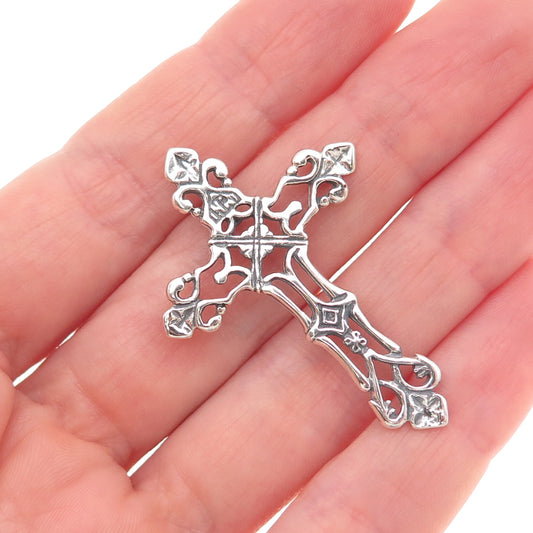 925 Sterling Silver Vintage Fleur de Lis Cross Oxidized Slide Pendant