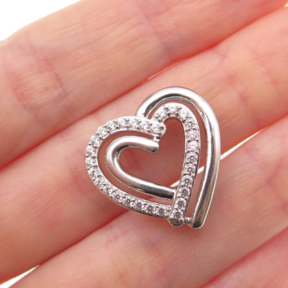 JH Young 925 Sterling Silver Round-Cut C Z Double Heart Mini Slide Charm Pendant