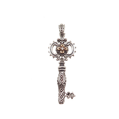 925 Sterling Silver 14K Gold Real Round-Cut Diamond Key of Life Charm Pendant
