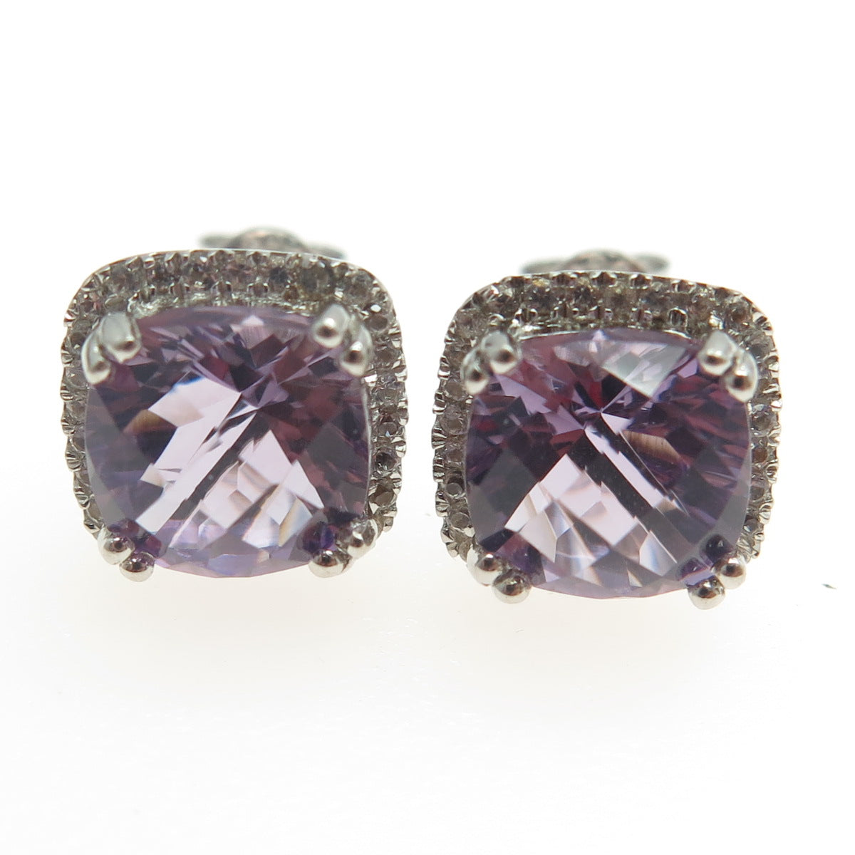925 Sterling Silver Real Amethyst & C Z Cushion Stud Earrings