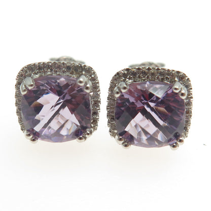 925 Sterling Silver Real Amethyst & C Z Cushion Stud Earrings