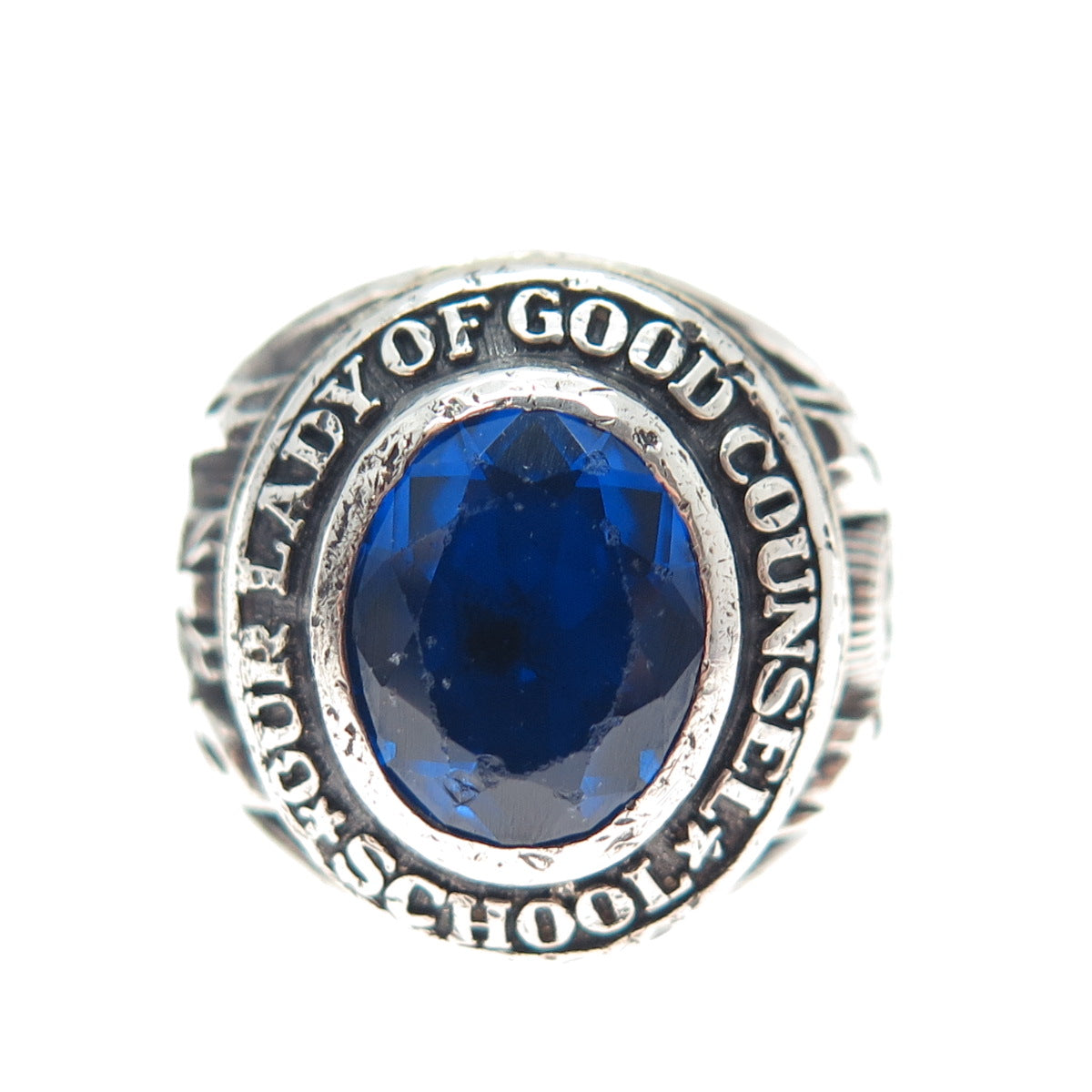 925 Sterling Vintage 1974 Blue C Z Our Lady of Good Counsel School Ring Size 4.5