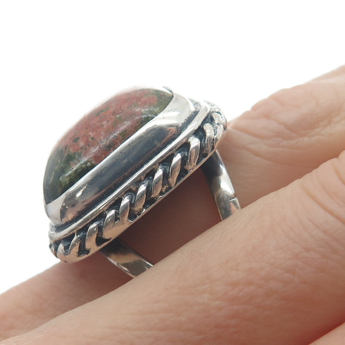925 Sterling Silver Vintage Real Cushion-Cut Unakite Roped Bezel Ring Size 7.75