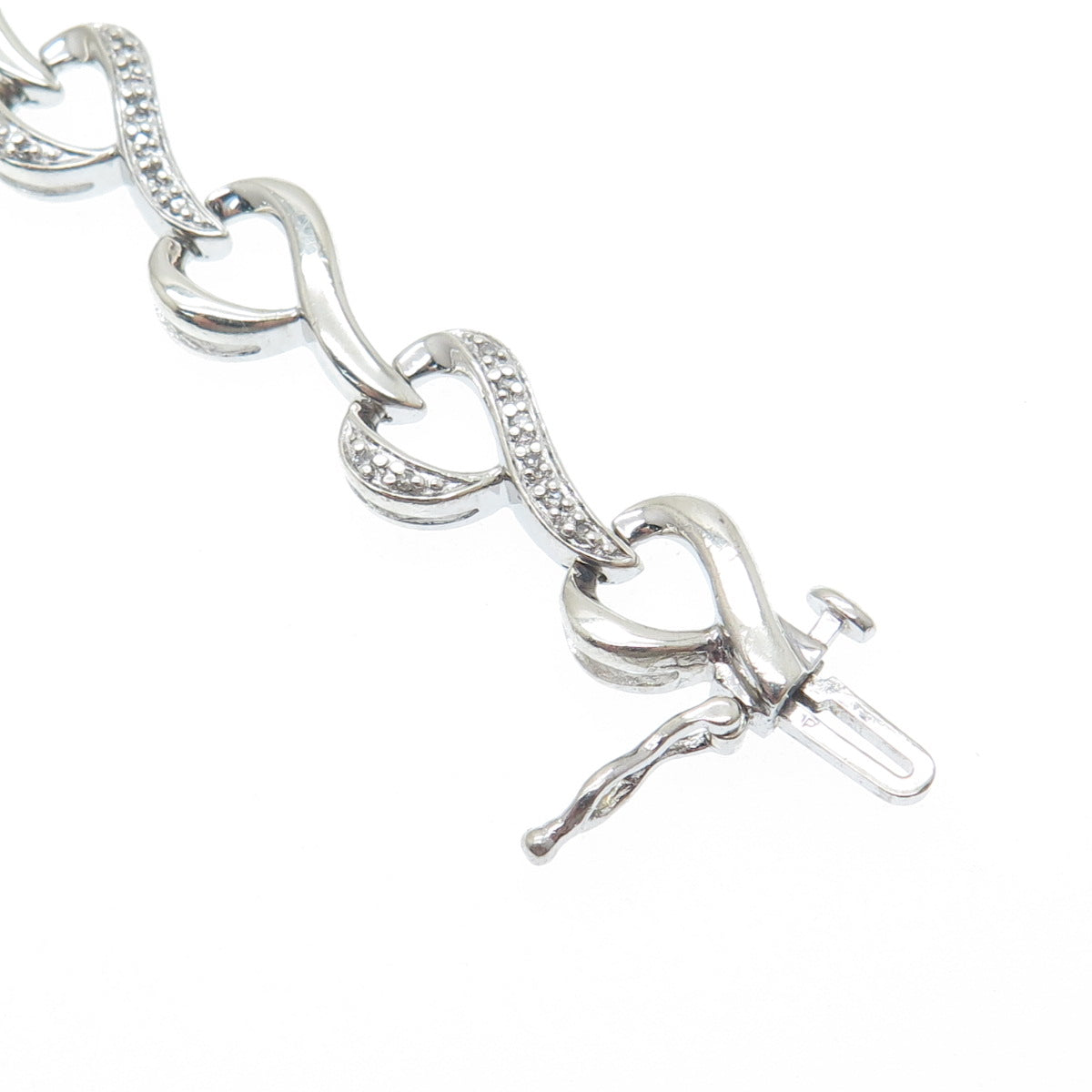 SUN 925 Sterling Silver Real Round-Cut Diamond Heart Link Bracelet 7"