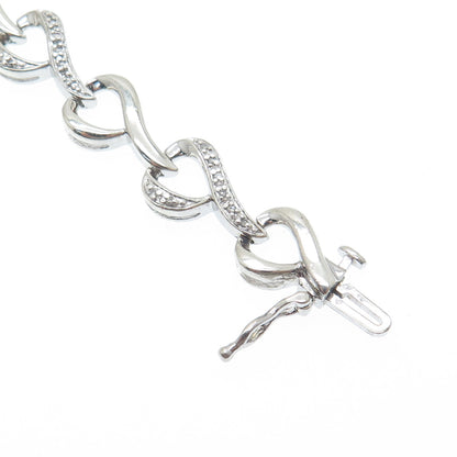 SUN 925 Sterling Silver Real Round-Cut Diamond Heart Link Bracelet 7"