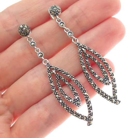 925 Sterling Silver Vintage Real Marcasite Marquise-Shape Dangle Earrings