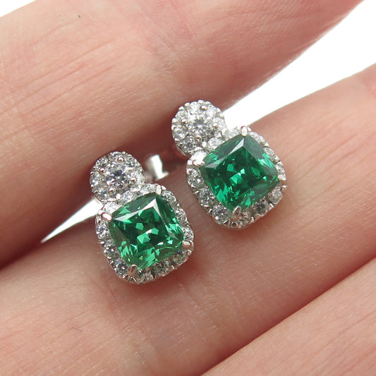 925 Sterling Silver Cushion-Cut Nano Emerald & Round-Cut C Z Earrings