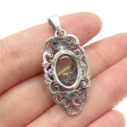 925 Sterling Silver Vintage Real Rutilated Quartz Dragonfly Oxidized Pendant