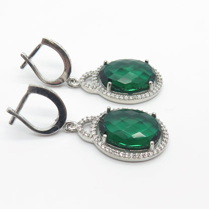 925 Sterling Silver White & Green C Z Dangling Earrings