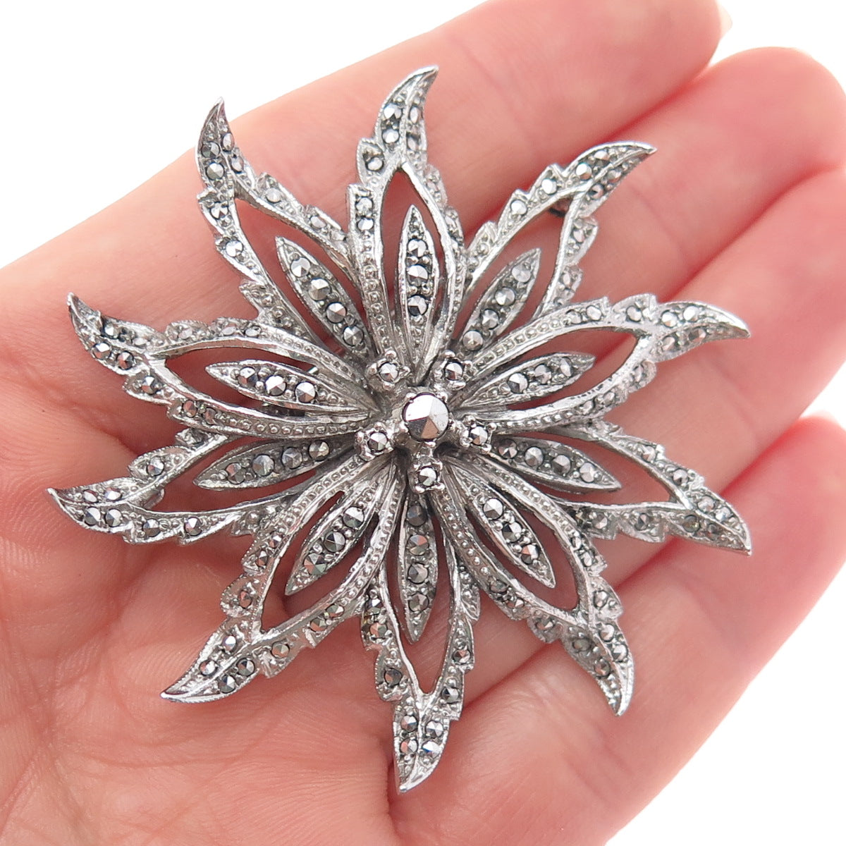 925 Sterling Silver Antique Art Deco Real Marcasite Flower Pin Brooch