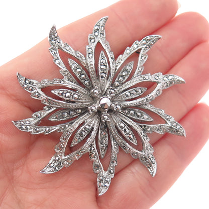 925 Sterling Silver Antique Art Deco Real Marcasite Flower Pin Brooch
