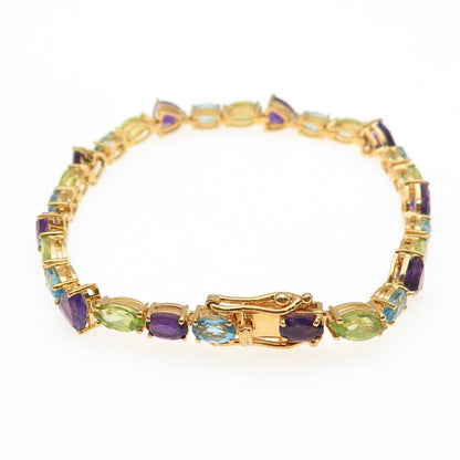 925 Sterling Gold Plated Vintage Real Blue Topaz Peridot Amethyst Bracelet 7.75"