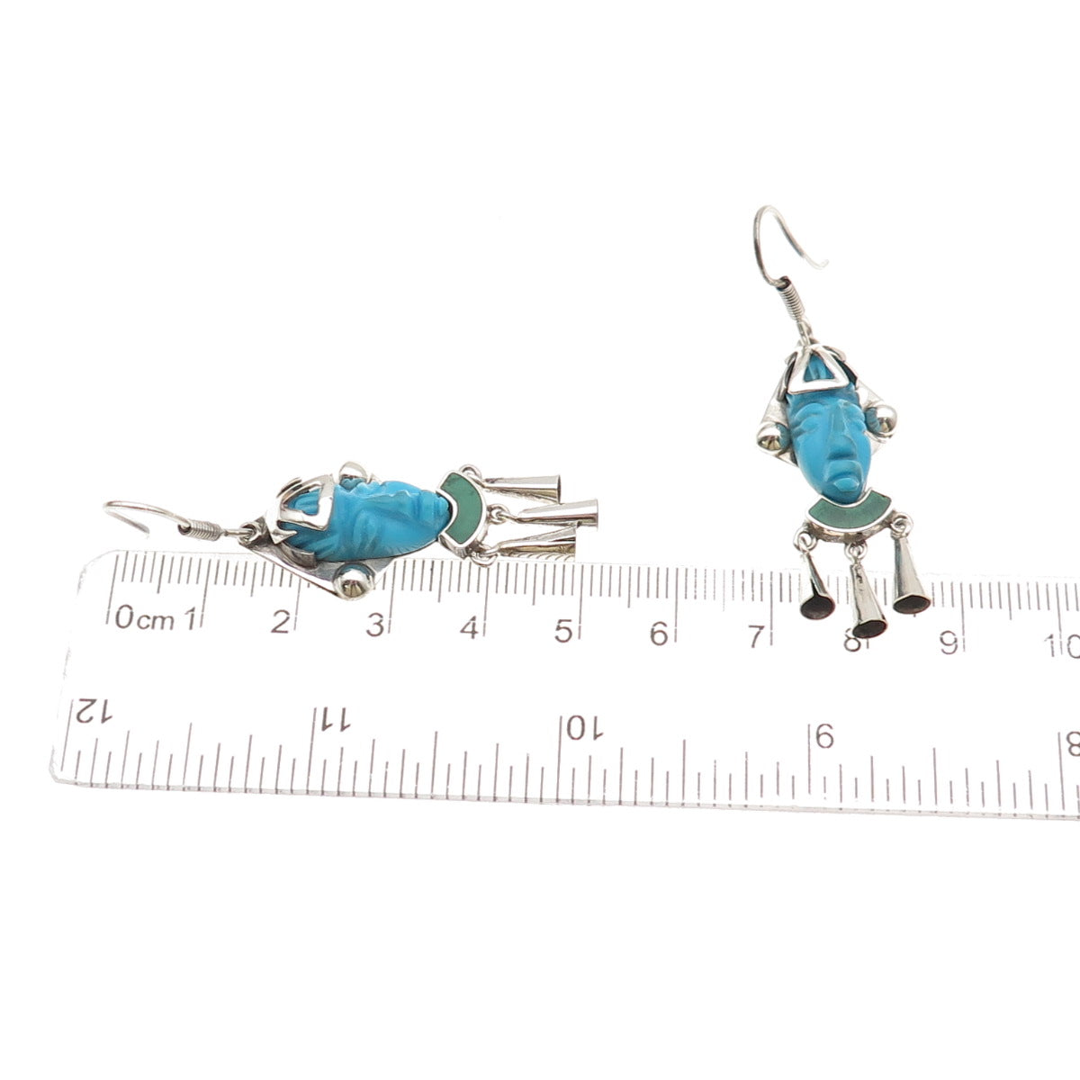 925 Sterling Silver Vintage Mexico Real Turquoise & Malachite Aztec God Earrings