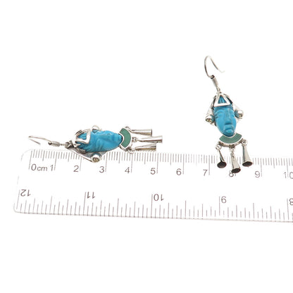 925 Sterling Silver Vintage Mexico Real Turquoise & Malachite Aztec God Earrings