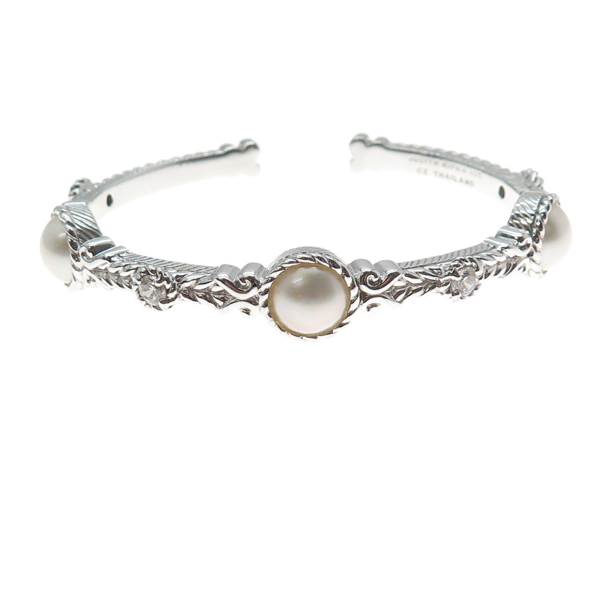 JUDITH RIPKA 925 Sterling Silver Real Pearl & C Z Adjustable Cuff Bracelet 7"
