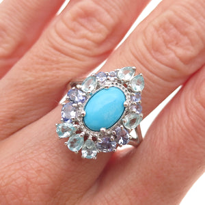 Chuck Clemency 925 Sterling Real Turquoise Tanzanite & Aquamarine Ring Size 8.25