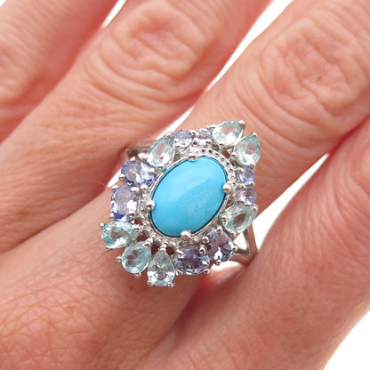 Chuck Clemency 925 Sterling Real Turquoise Tanzanite & Aquamarine Ring Size 8.25
