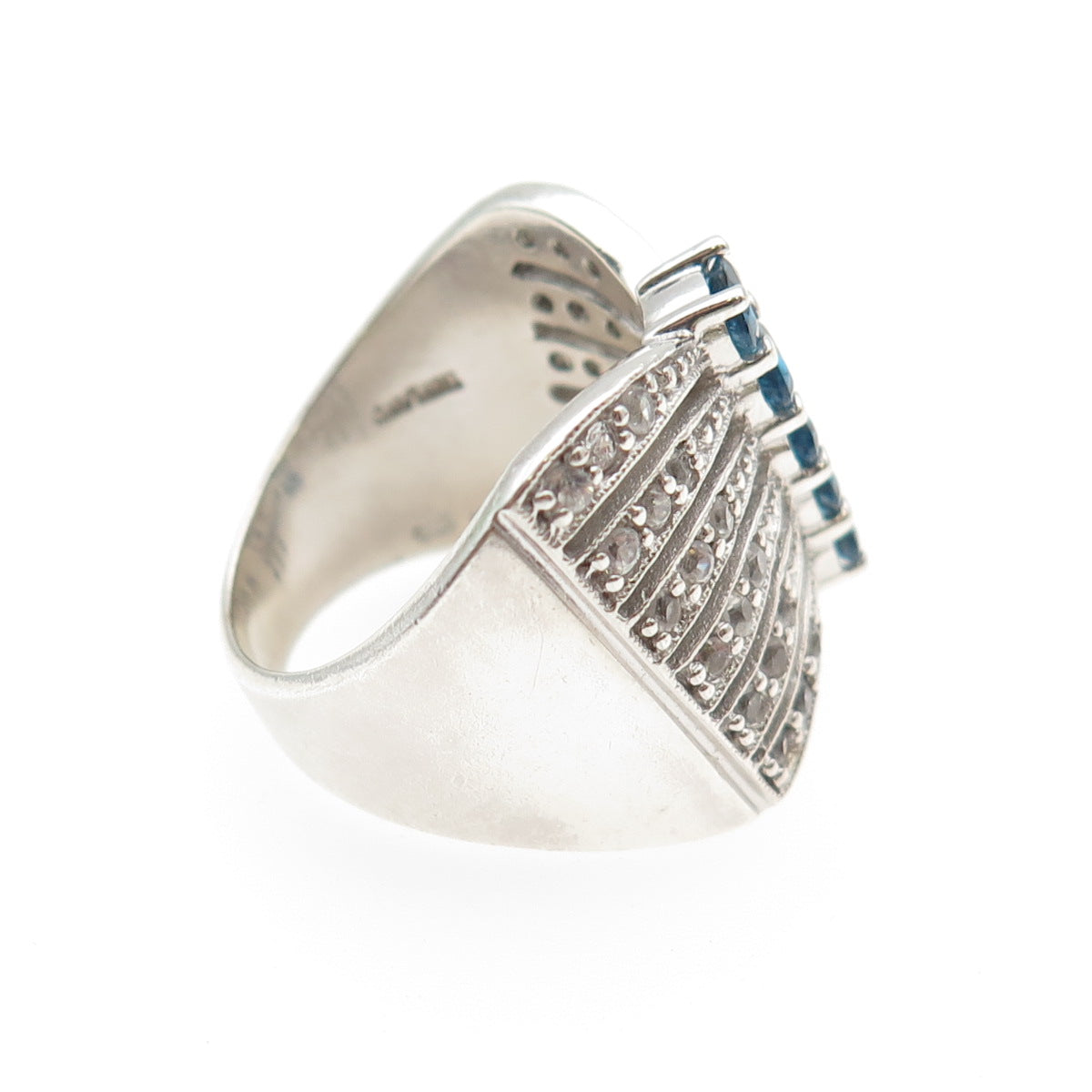 925 Sterling Silver Real London Blue & White Topaz Multi-Row Ring Size 7.5