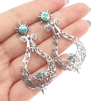 925 Sterling Silver Vintage Real Turquoise Gemstone Ornate Dangle Earrings