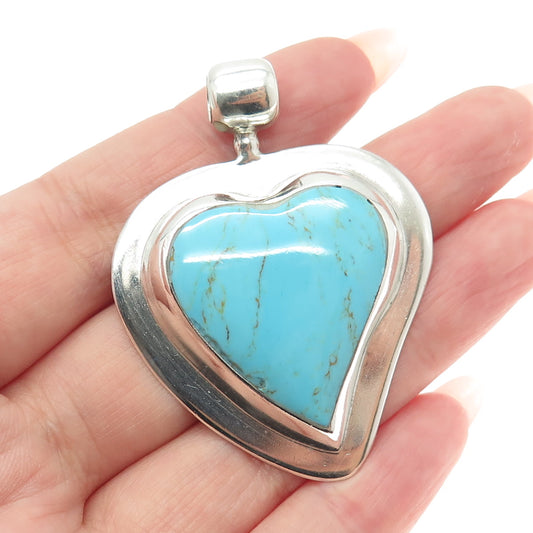 ATI 925 Sterling Silver Vintage Mexico Real Turquoise Gem Heart Slide Pendant