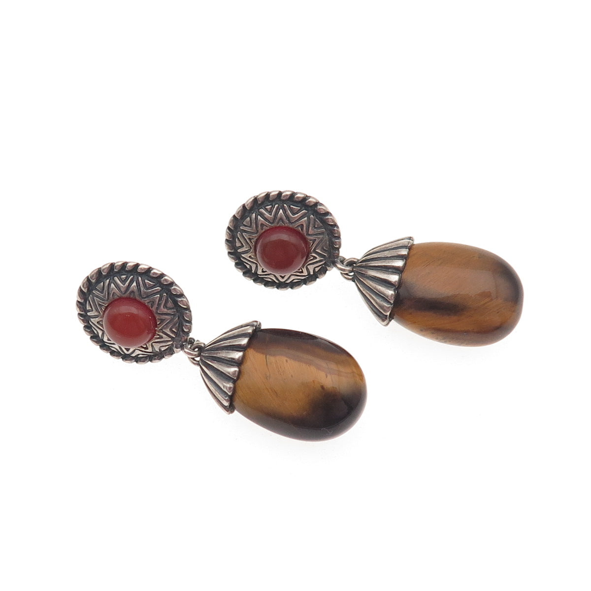 Carolyn Pollack 925 Sterling Vintage Real Tiger Eye & Carnelian Dangle Earrings