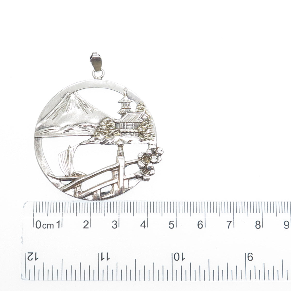 950 Silver Antique Japan Mount Fuji Old Town Pendant