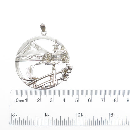 950 Silver Antique Japan Mount Fuji Old Town Pendant