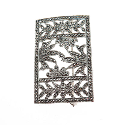 925 Sterling Silver Antique Art Deco Real Marcasite Floral Oxidized Pin Brooch