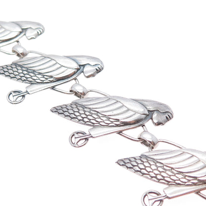 HARRY S. BICK Sterling Silver Vintage Bird Goddess Link Oxidized Bracelet 7.25"