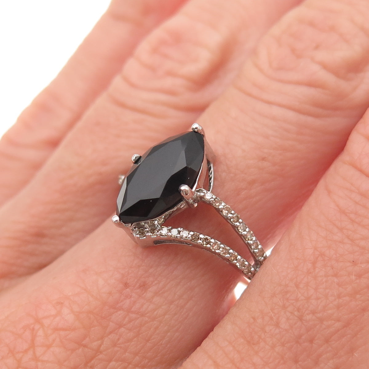 925 Sterling Silver Real Champagne Diamond & Black Spinel Ring Size 7.75