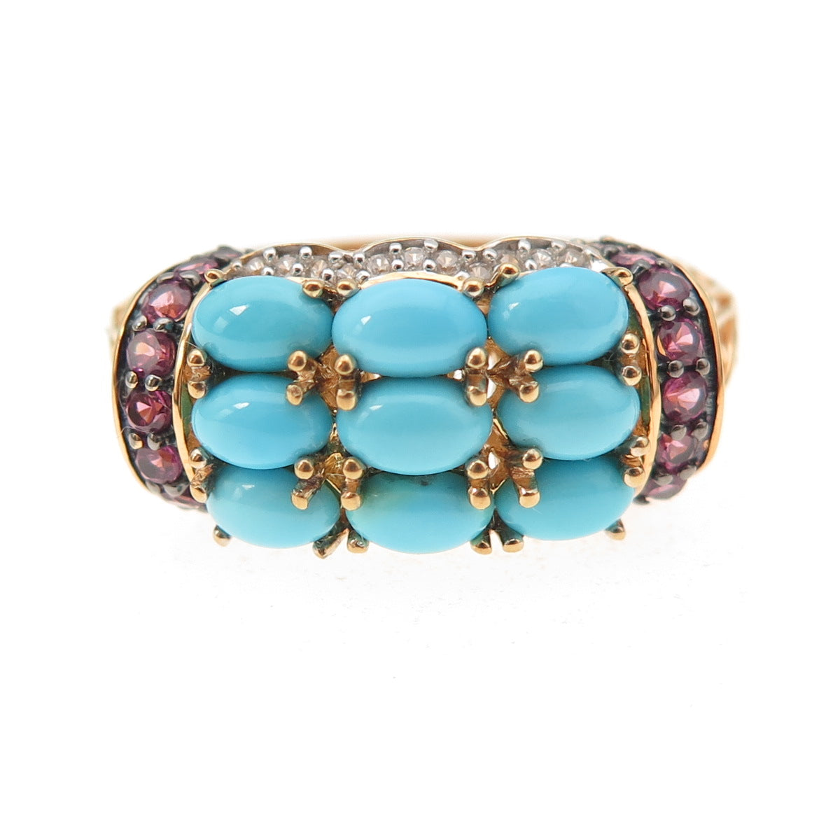 925 Sterling Silver Gold Plated Real Turquoise & Pink Sapphire Ring Size 8.25