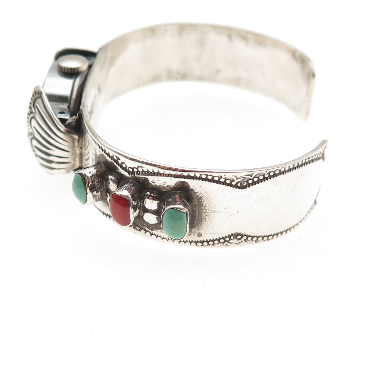 Willie Long Navajo Timex Watch Old Pawn Sterling Turquoise Coral Bracelet 5.75"