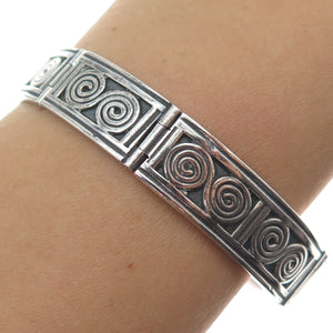 925 Sterling Silver Vintage Mexico Spiral Panel Link Oxidized Bracelet 7"