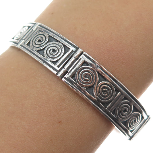 925 Sterling Silver Vintage Mexico Spiral Panel Link Oxidized Bracelet 7"
