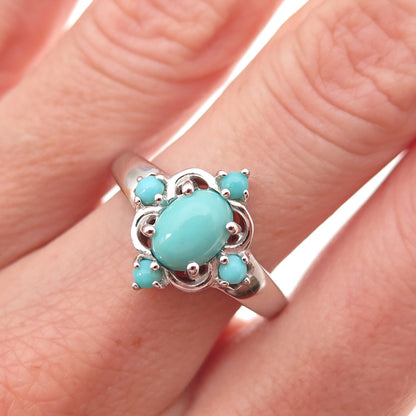 925 Sterling Silver Real Sleeping Beauty Turquoise Floral Ring Size 8