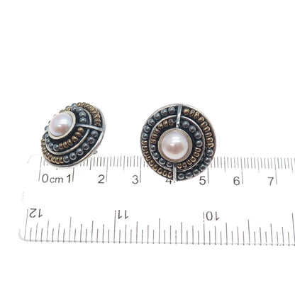 925 Sterling Silver 2-Tone Vintage Pearl Modernist Oxidized Clip On Earrings