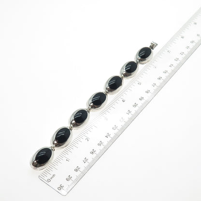 925 Sterling Silver Vintage Mexico Real Black Onyx Modernist Link Bracelet 6.5"