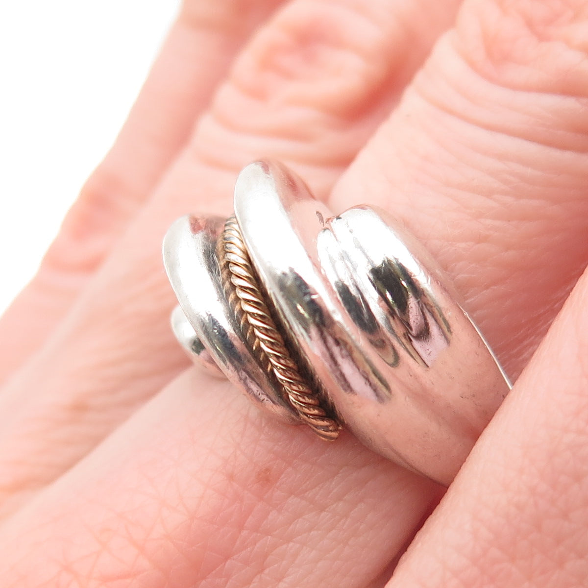 925 Sterling Silver 14K Gold Vintage MR Artisan Modernist Ring Size 8.25