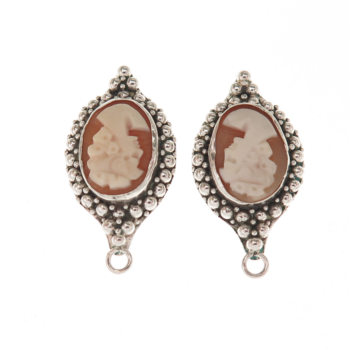 925 Sterling Silver Vintage Real MOP Carved Lady Cameo Beaded Jacket Earrings