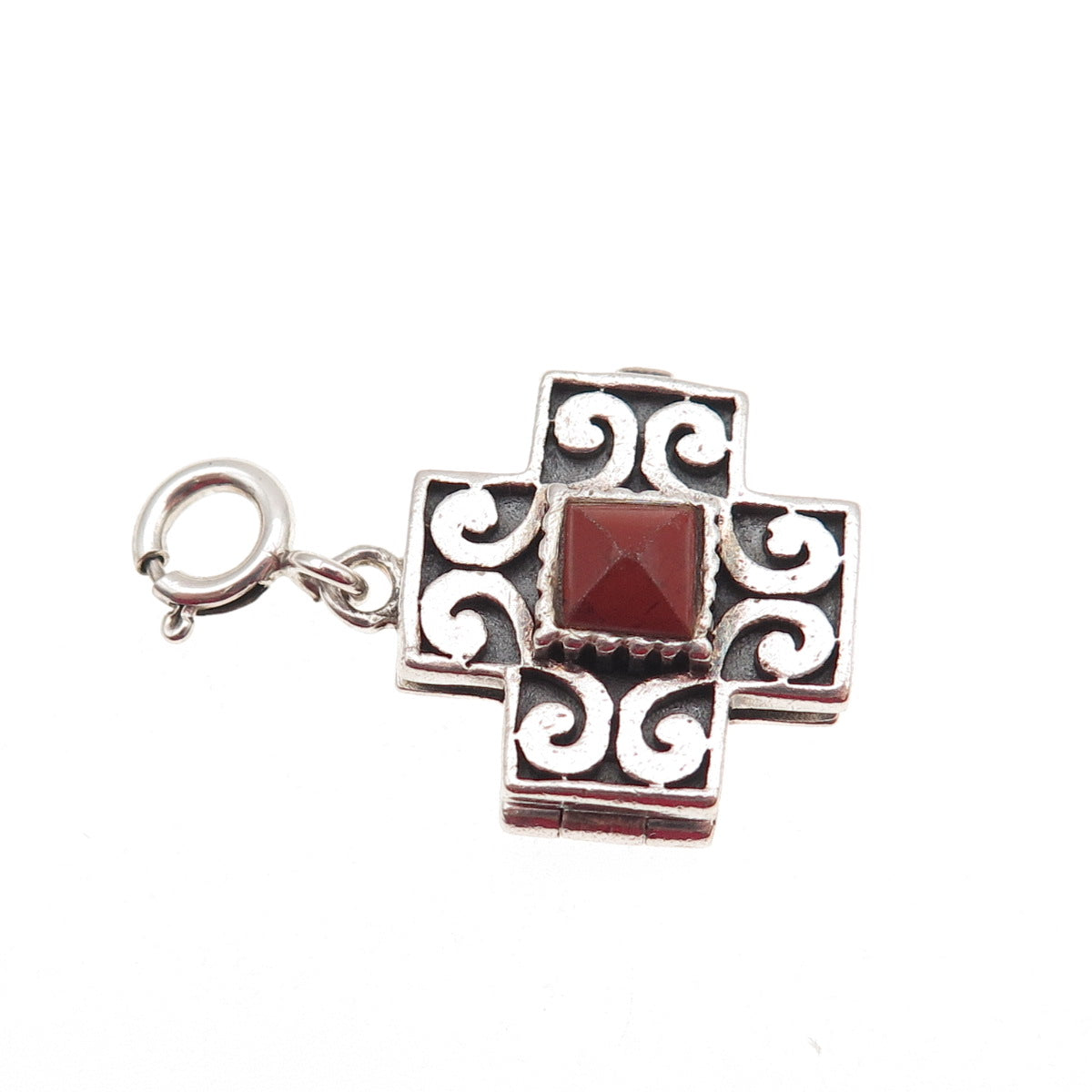 925 Sterling Vintage Real Red Jasper Cross Spring Ring Lock Locket Charm Pendant
