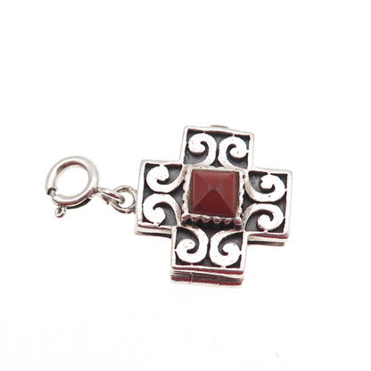 925 Sterling Vintage Real Red Jasper Cross Spring Ring Lock Locket Charm Pendant