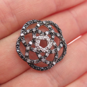 SAI 925 Sterling Silver Real Black & White Diamond Flower Slide Charm Pendant