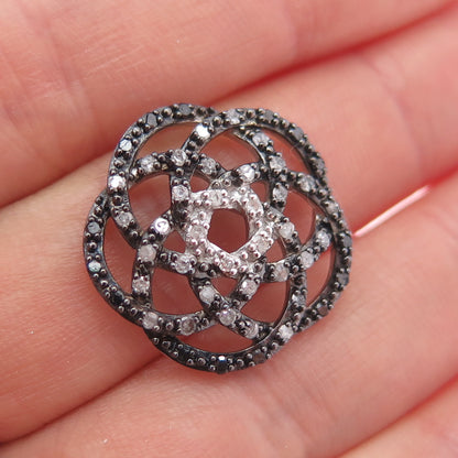 SAI 925 Sterling Silver Real Black & White Diamond Flower Slide Charm Pendant